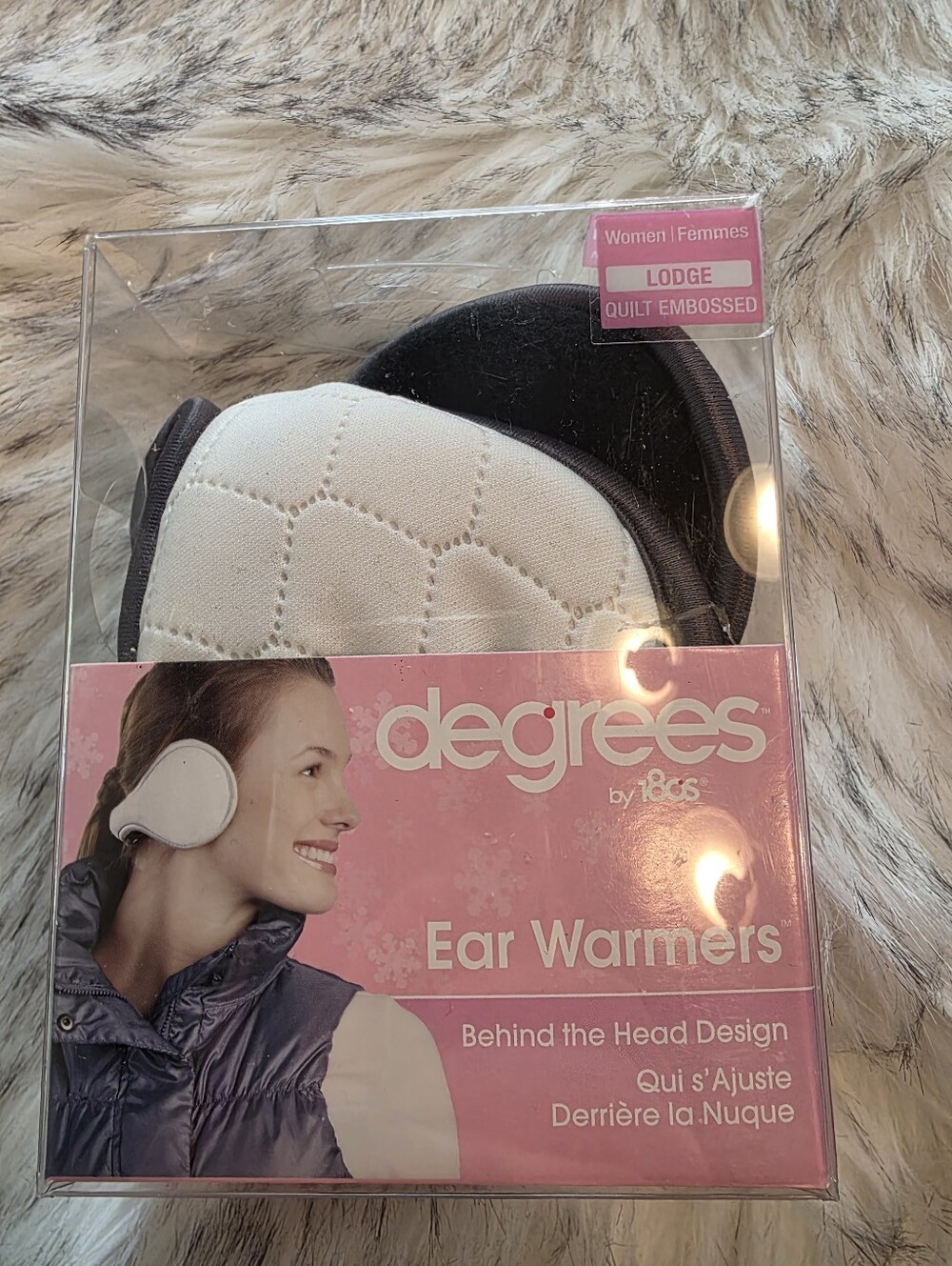 180s Degrees Womens Ear Warmers Quilted Lodge Behind Head Ivory Black Fleece